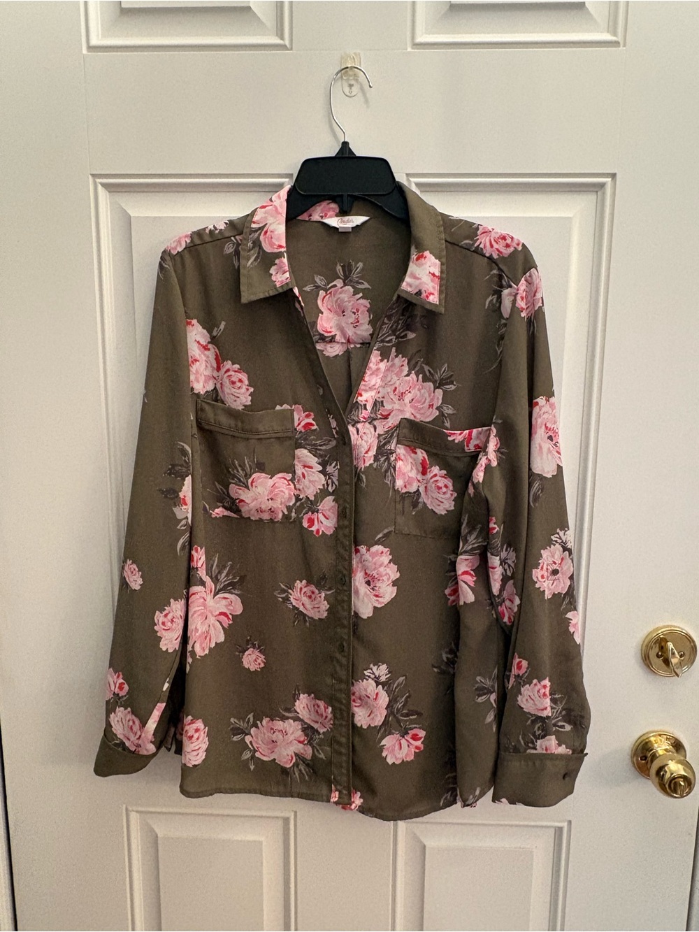 Candie's Olive Button-Down Shirt with Pink Rose Print